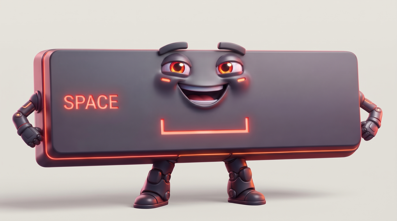 Spaces, a smiling graphite spacebar mascot with glowing orange details, robotic arms and little boots